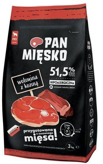 Hipoalergiczna karma dla średnich psów Pan Mięsko Wołowina Kozina 3kg