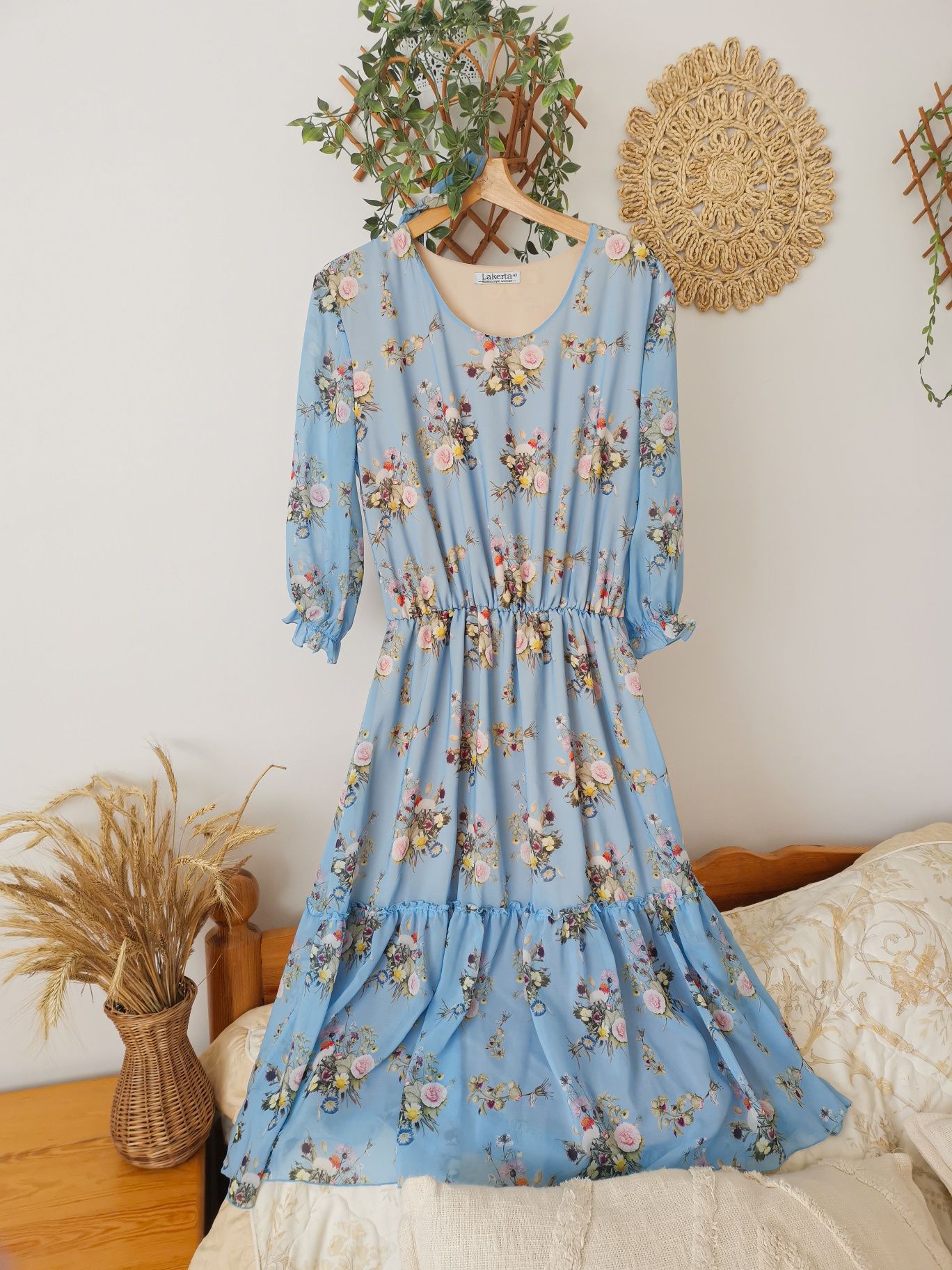 Błękitna niebieska midi sukienka w kwiaty elegancka komunia wesele XL