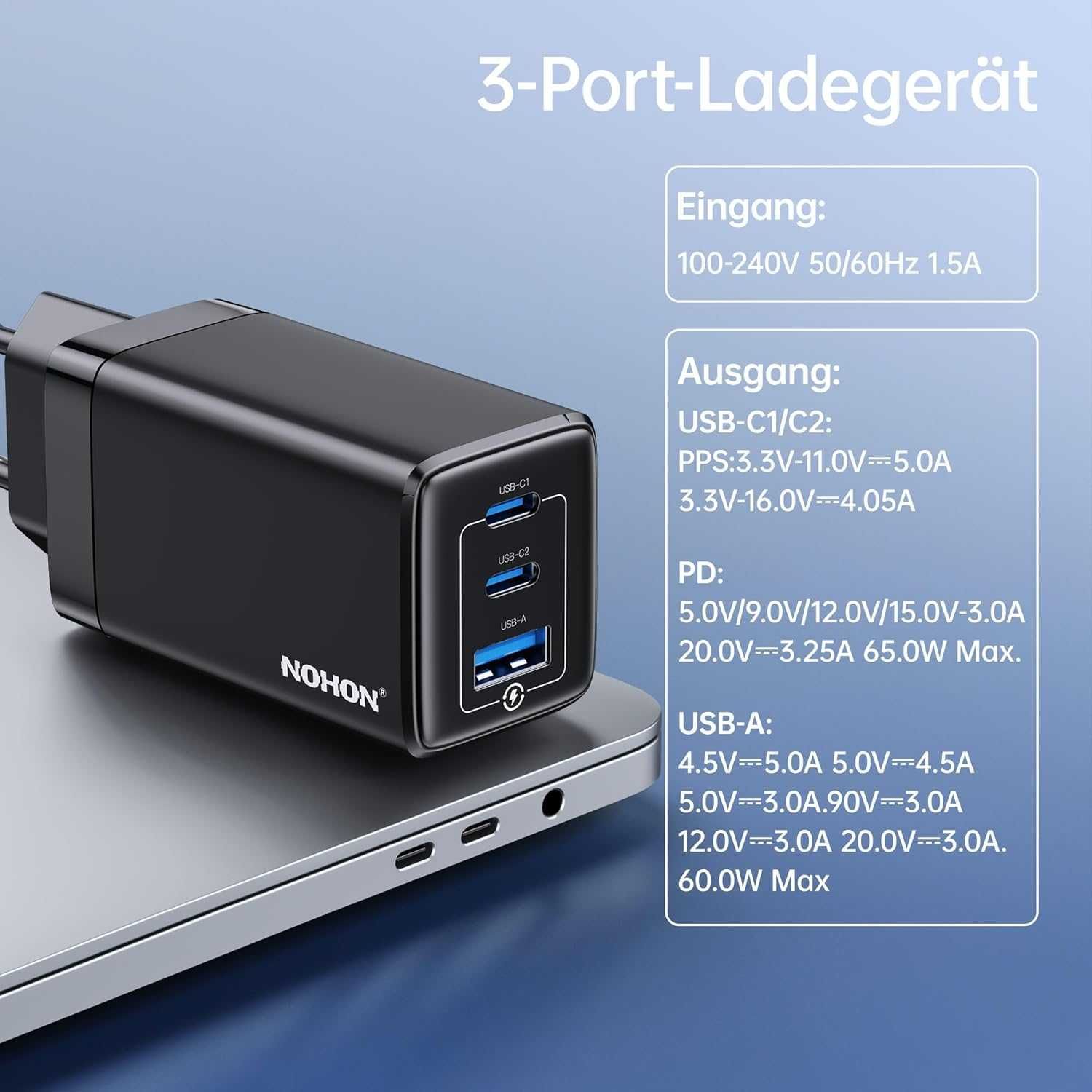 NOHON GAN USB-C szybka ładowarka 65W/ 3-Port PD3.0 z kablem 140 W 1,2M