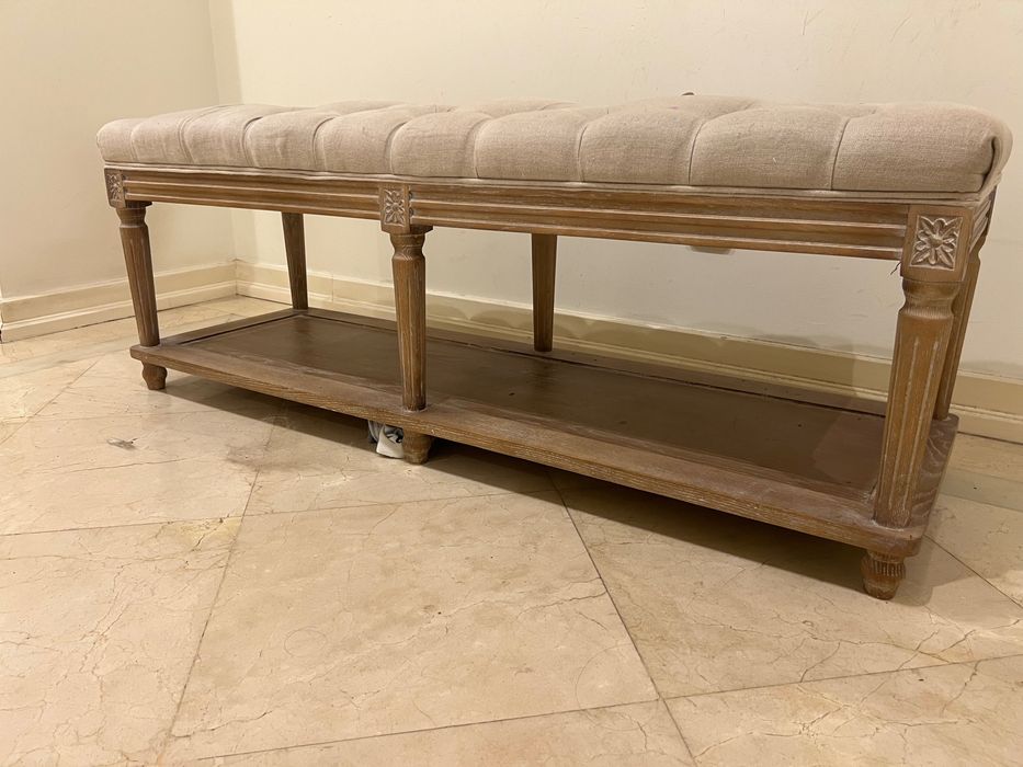 Rustic Upholstered Wooden Entryway Bench with Storage Shelf