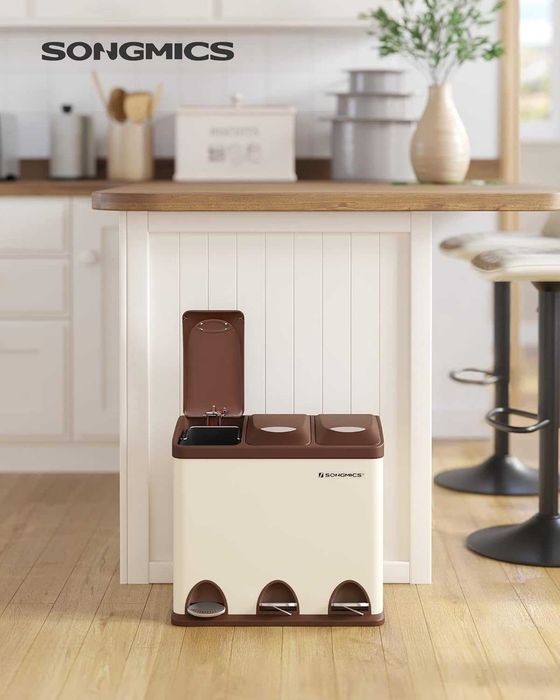 Kosz na śmieci ,3-komorowy ,kremowo-brązowy