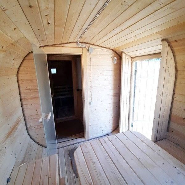 Квадро-Баня 600 х 220 см серая, козырёк над входом, двери стеклянные.