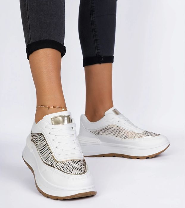 Białe damskie sneakersy z cyrkoniami Fucco