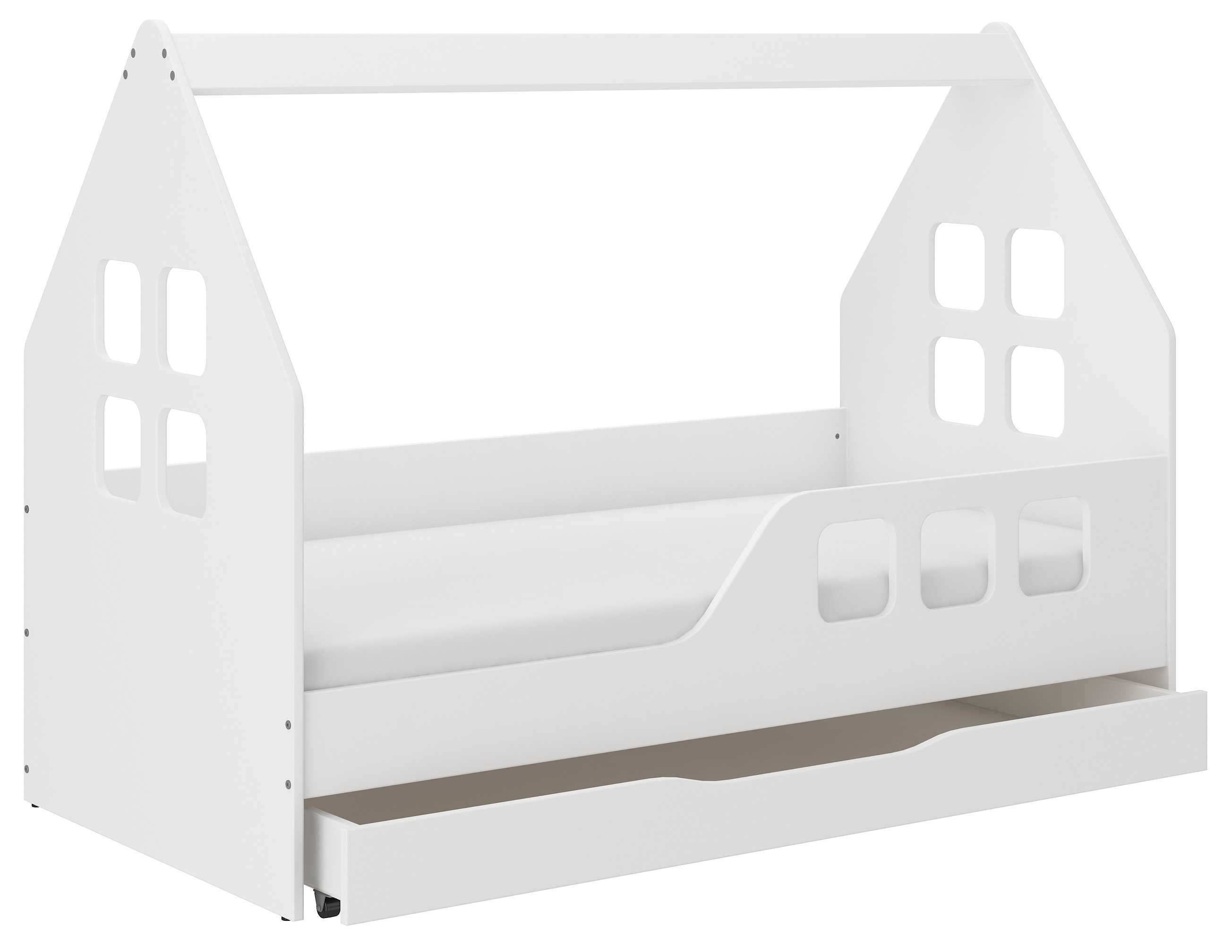 Łóżko domek z barierką, szufladą oraz materacem producent drewniane