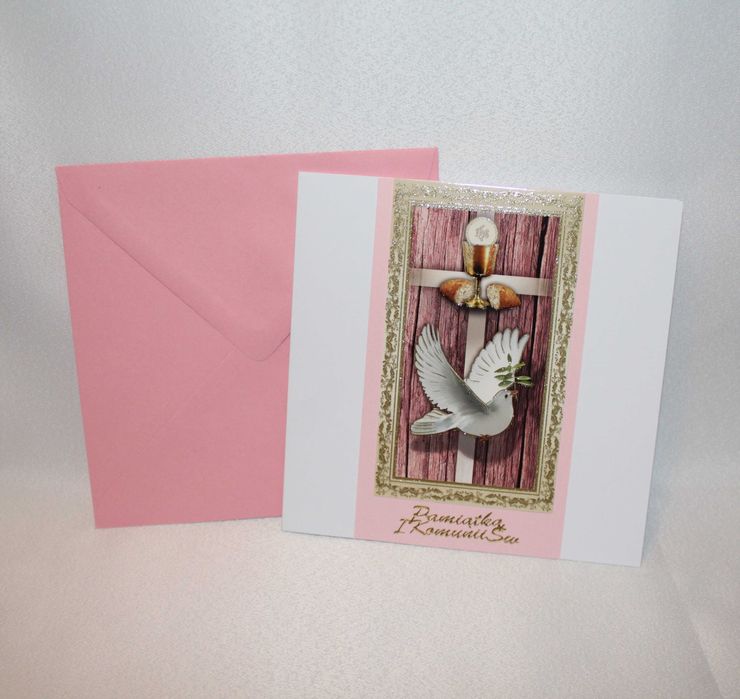 Kartka Pierwsza Komunia Święta różowa gołąbek kielich