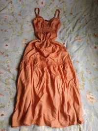 Sukienka długa maxi ramiączkach 100% lniana luźna zwiewna pomarańczow