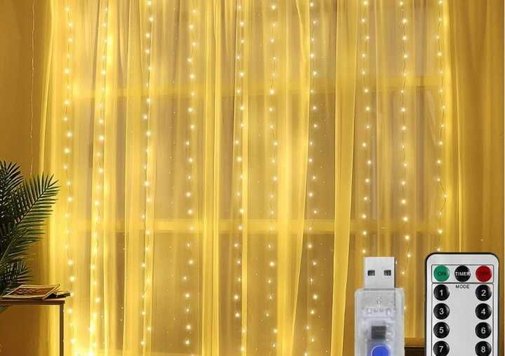 Kurtyna świetlna girlanda lampki led ciepła 3x3m z pilotem USB