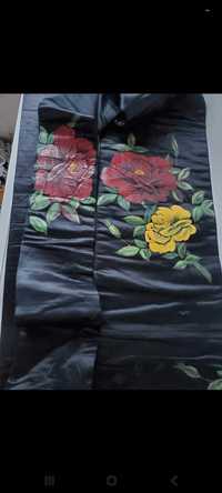 Japoński czarny pas obi do kimono z ręcznie malowanymi kwiatami 294cm