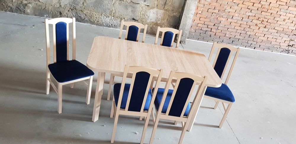 Nowe : STÓŁ 80x140/180 + 6 KRZESEŁ, SONOMA + GRANATOWY , dostawa PL