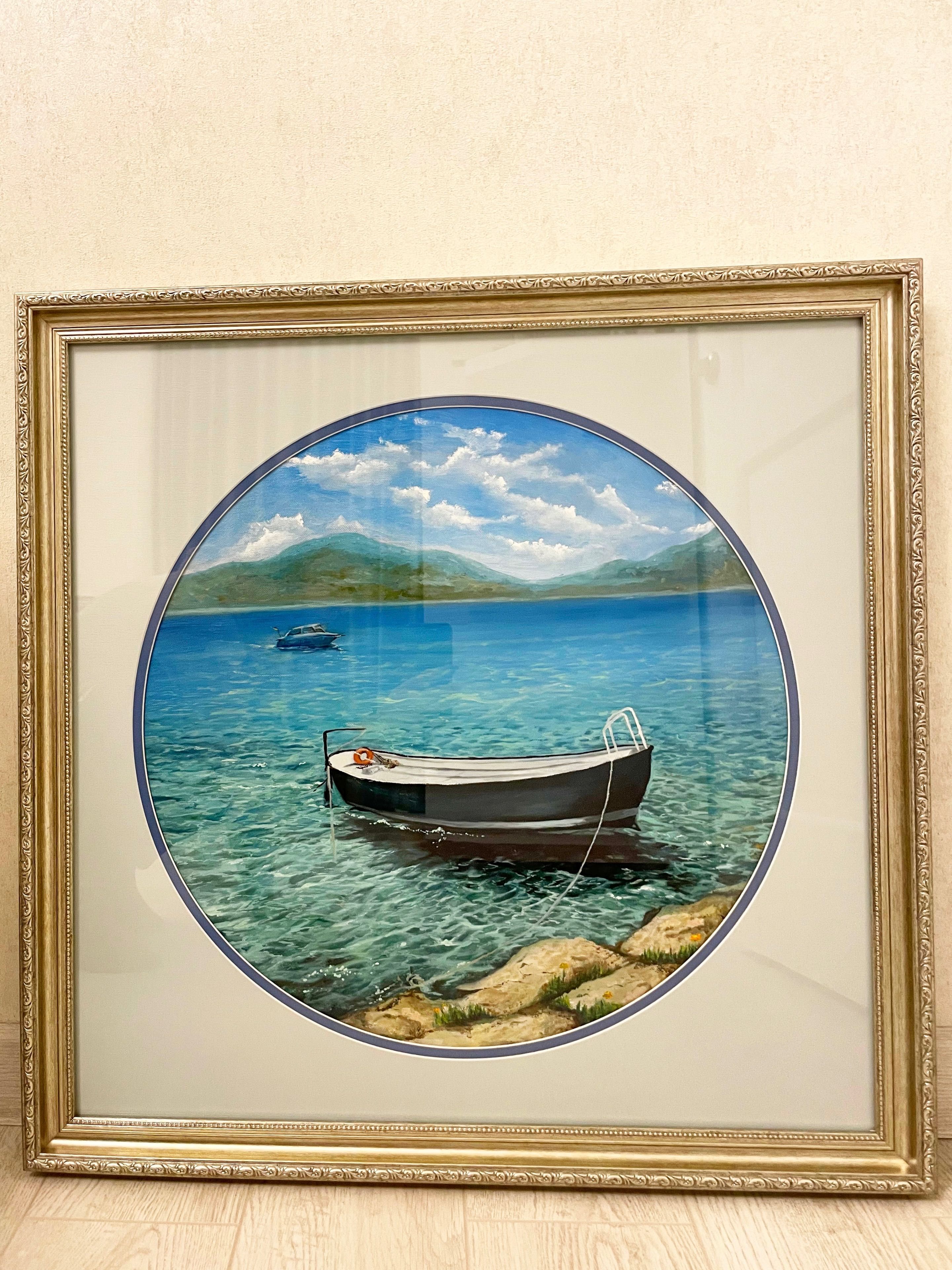 Картина маслом «Киссамос», Греция, круглая,диаметр 40, в раме