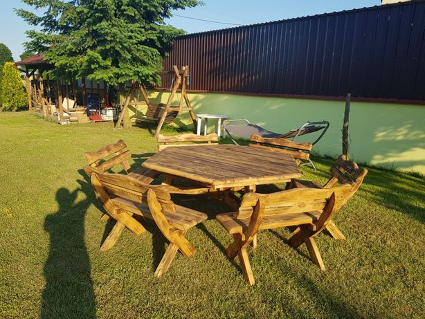 Meble ogrodowe ławki stoły-komplet drewniany (średnica 200cm)