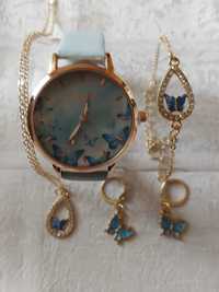 Piękny motylkowy zestaw: zegarek,naszyjnik, bransoletka i kolczyki