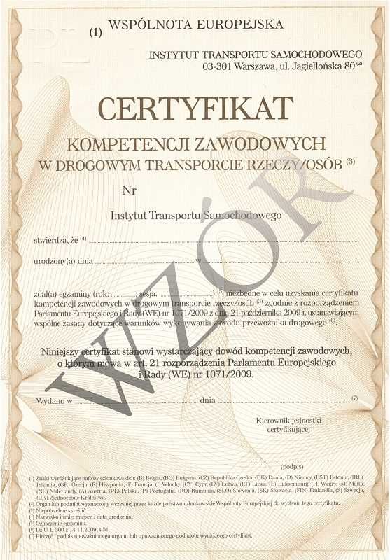 certyfikat kompetencji zawodowych przewoźnika PRZEWÓZ RZECZY I OSÓB