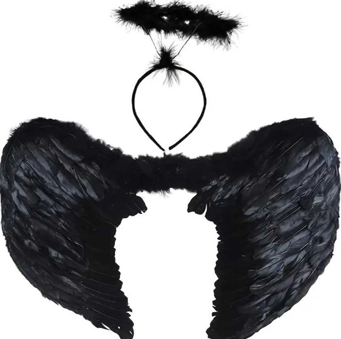 Крила Чорні та німб янгола перові (45х35 см) крылья ангела костюм