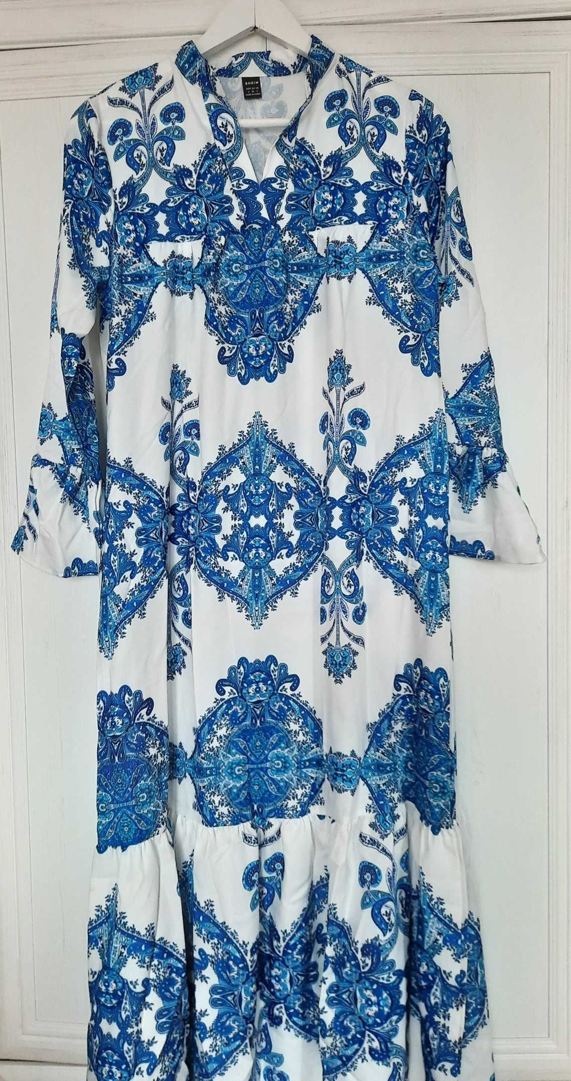 Shein nowa urocza boho wzór grecki midi sukienka biała niebieska S