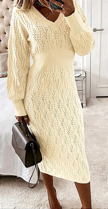 NOWA elegancka sukienka midi r. 5 XL - dzianina, ażurowy wzór