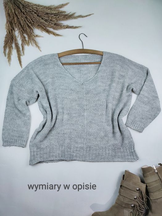 Szary basic sweter i damski z długim rękawem sweterek z dzianiny basic