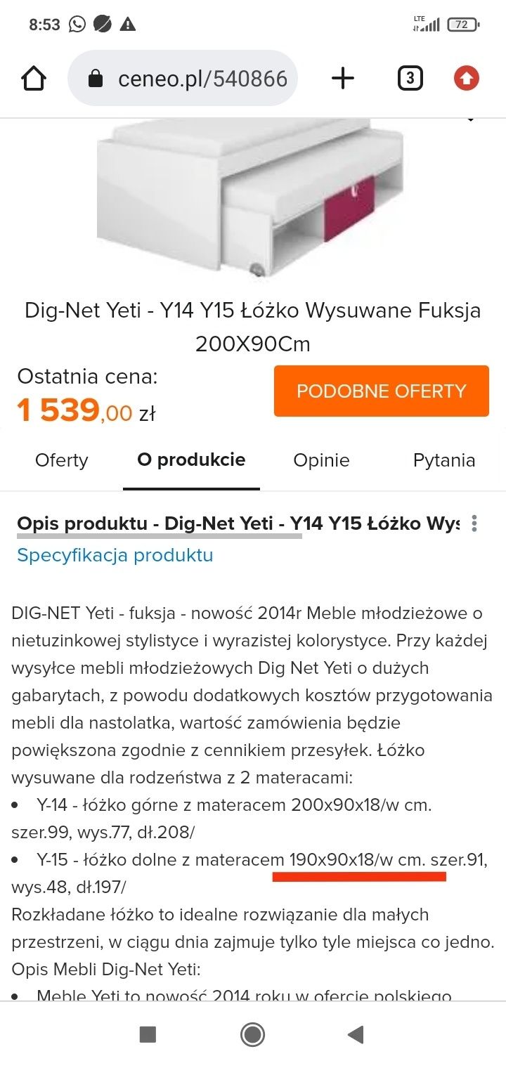 Łóżko dolne grafitowe yeti y-15