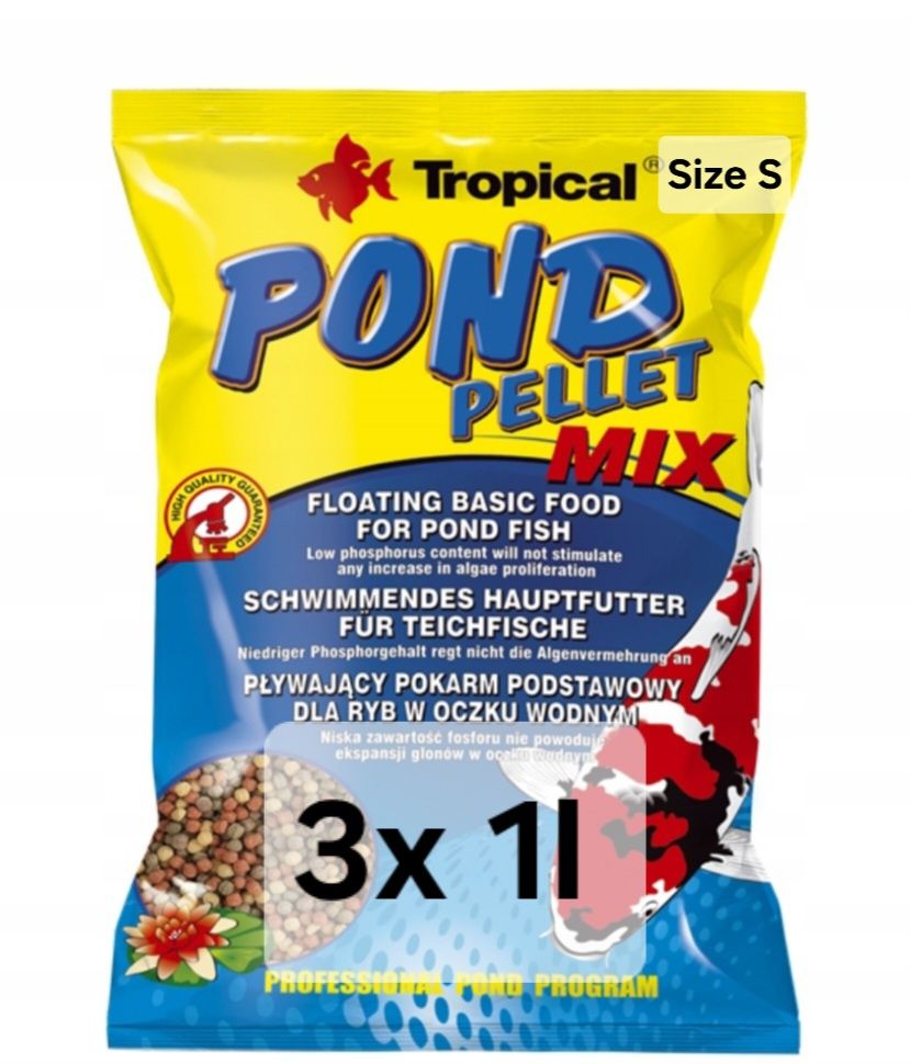 Pond Pellet Mix S 3x 1l, Pokarm Ryby Sadzawka Staw Koi 3l Tropical