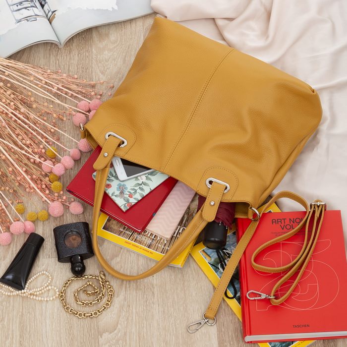 VERA PELLE torebka damska skórzana shopper z paskiem V658 musztardowa