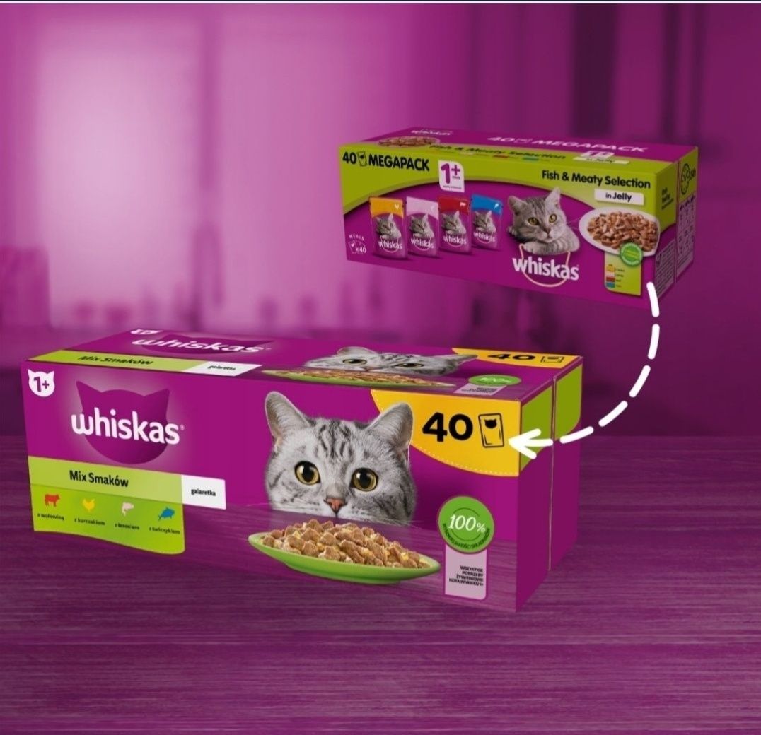 Whiskas Saszetki 40x85g Mokra Karma dla Kota Mix Wołowina Łosoś Tuńczy