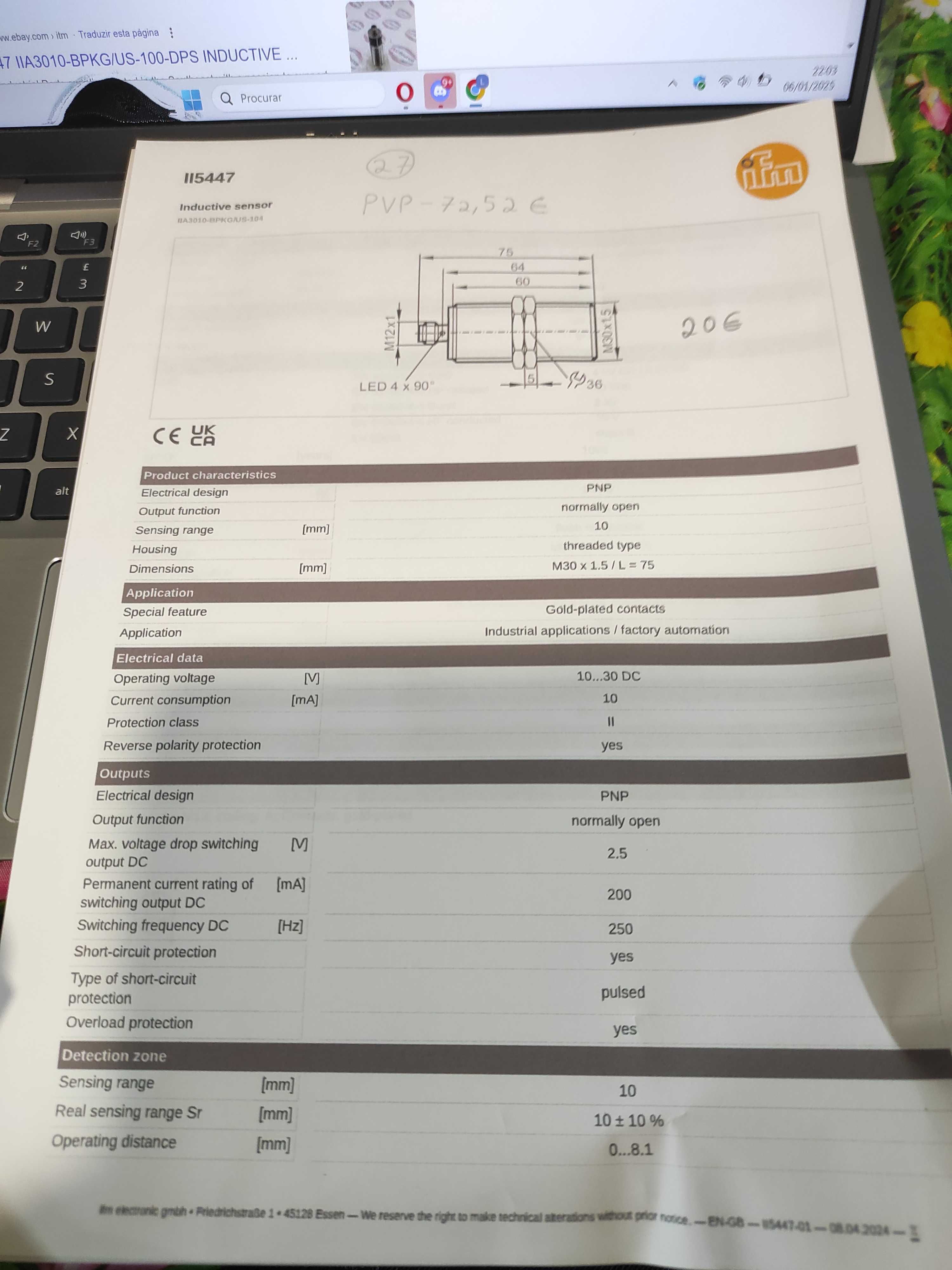 Sensor indutivo 30mm  pnp 24vdc IFM