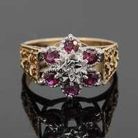 Złoty pierścionek VINTAGE z rubinami i diamentami
