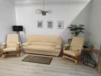 Kanapa wersalka sofa + dwa fotele, naturalna skóra