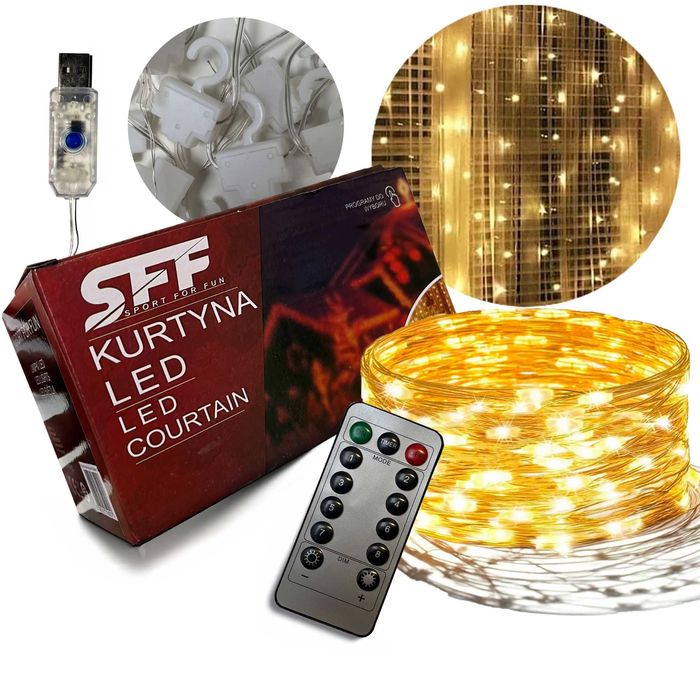 KURTYNA ŚWIETLNA LED 3X3 USB lampki balkonowe barwa CIEPŁA
