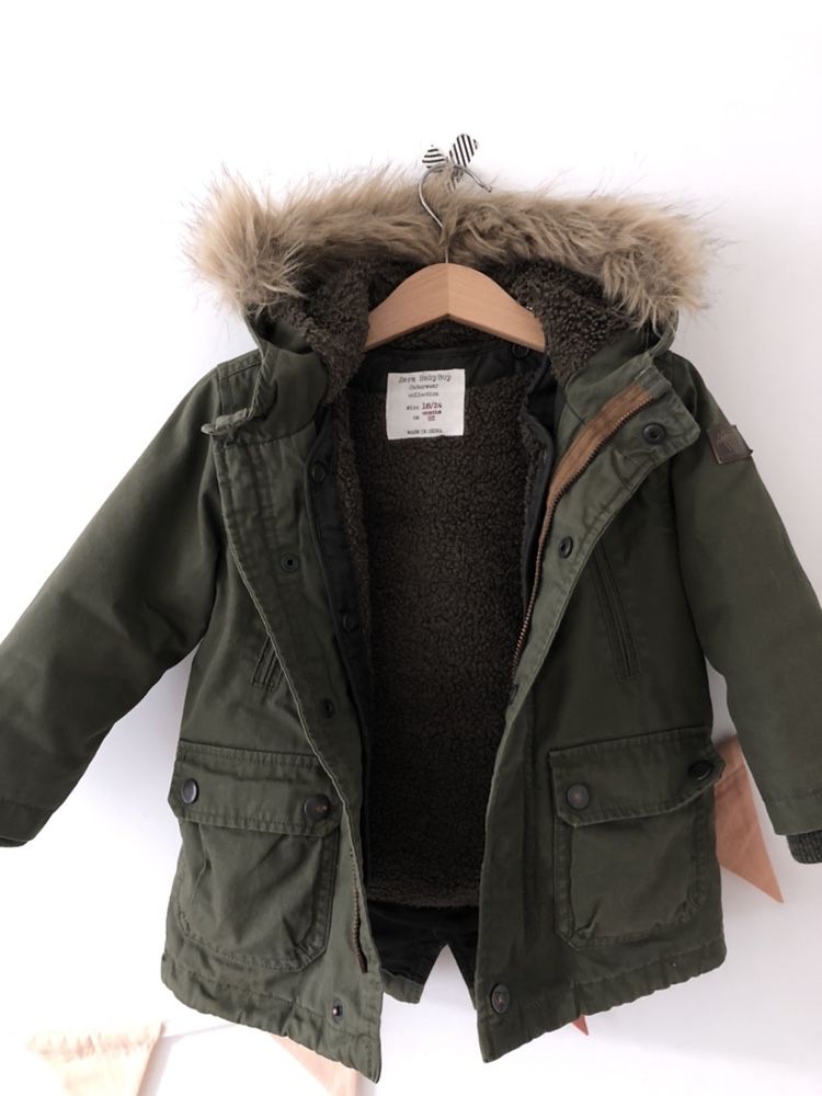 Zimowa ocieplana parka Zara z kapturem 18-24 miesiące roz 92