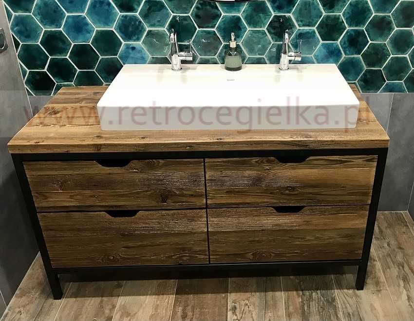 Szafka łazienkowa stojąca, stare drewno, stalowa rama, cztery szuflady