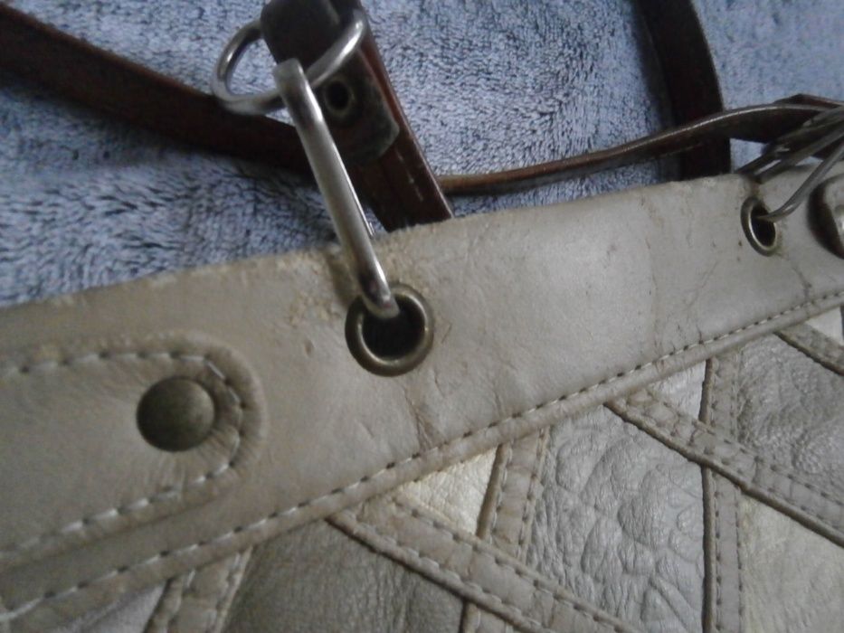 Mała skórzana torebka beżowa kremowa real vintage skóra + ekoskóra