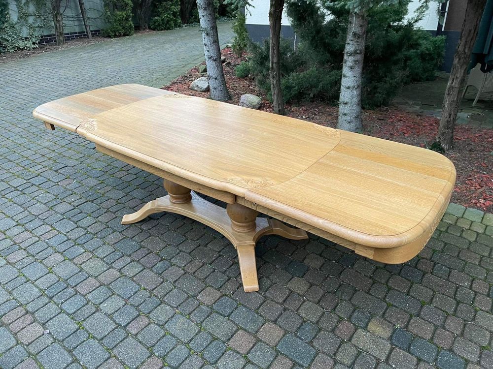 Stół dębowy rozkładany 6 krzeseł tapicerowanych holenderski