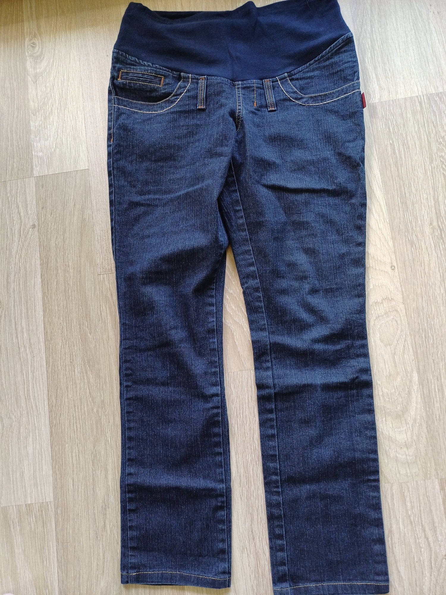 Spodnie ciążowe rozm. 38, pas bezuciskowy, elastyczne, jeans, granatow