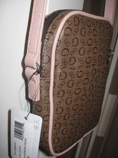 Oryginalna Damska Torebka Guess Listonoszka Logowana Brąz /Pudrowy Róż