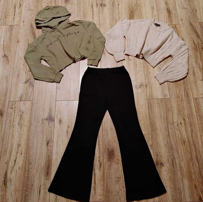 Zestaw ubrań czarne getry dzwony + sweter + bluza r 140 -146 cm