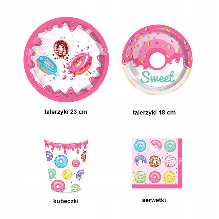 Dekoracje na urodziny Pączek Donut ZESTAW naczyń jednorazowych 44 szt.