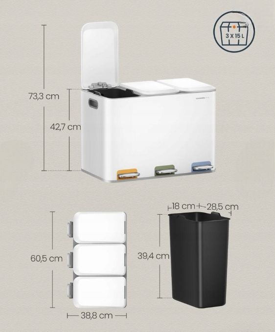 Kosz na śmieci Songmics 45 l System segregacji 3 -komorowy LTB740W02