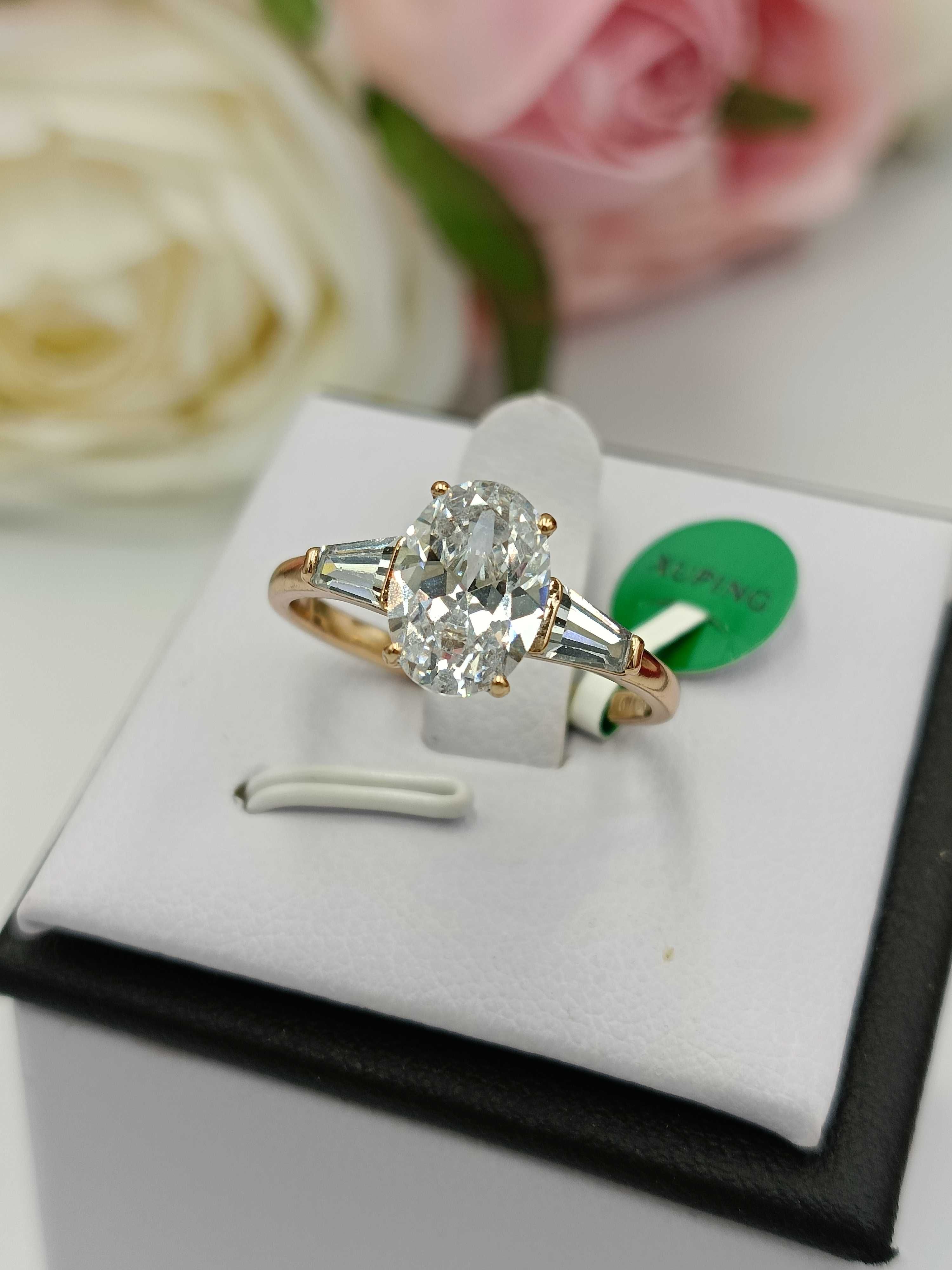 Pierścionek pozłacany 18k złotem duży brylant z diamentem 7,8,9,10