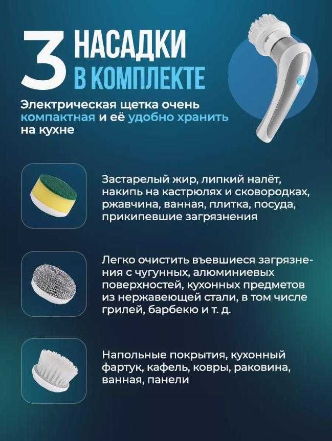 Акумуляторна щітка для миття Electric Cleaning Brush 3 НАСАДКИ