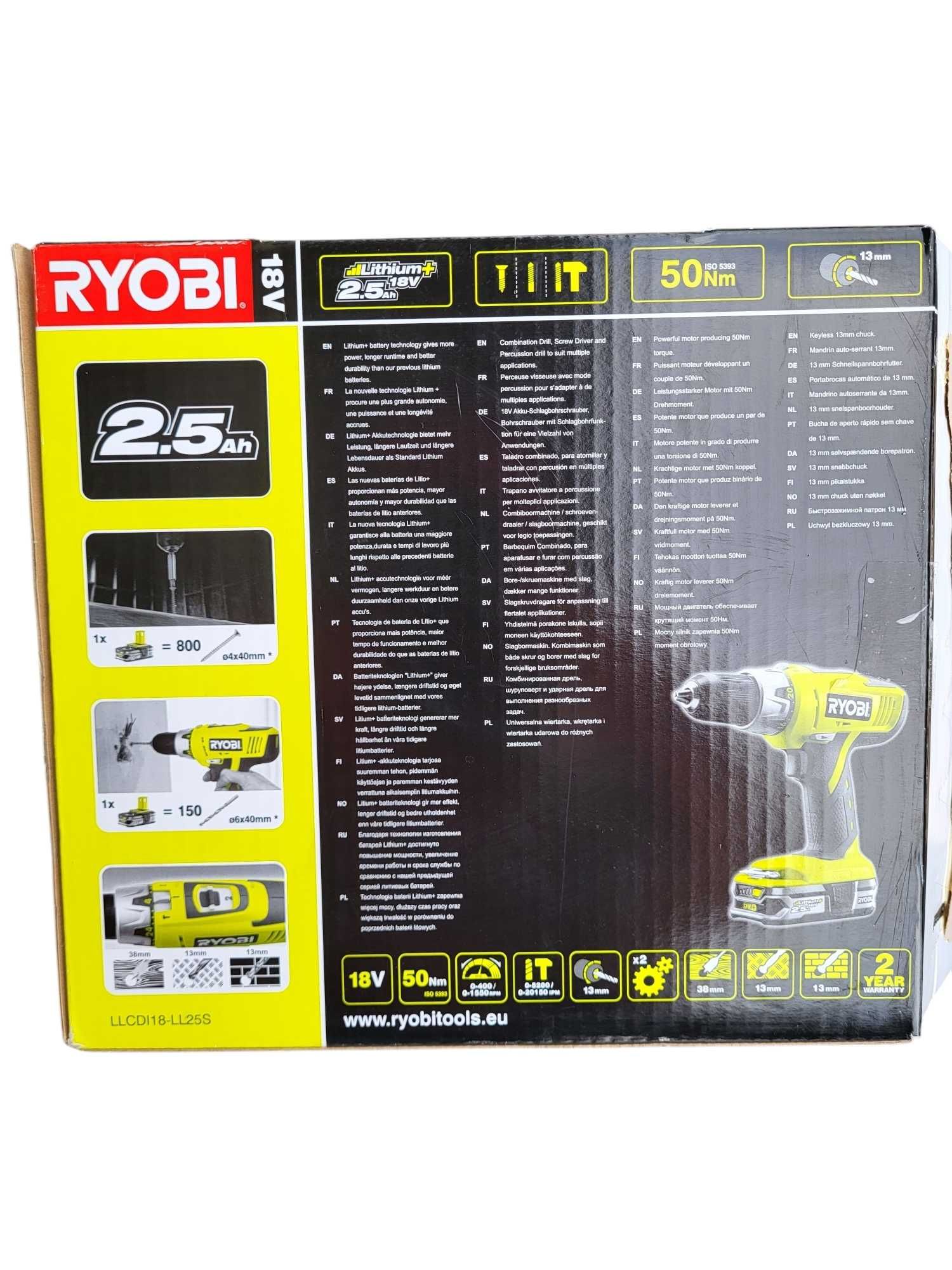 Wiertarko-wkrętarka udarowa 18V RYOBI + 2 akumulatory 2.5Ah w zestawie