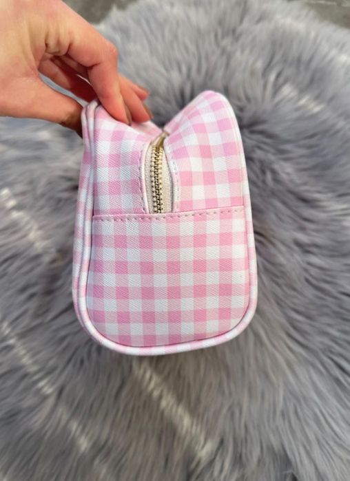 kosmetyczka różowa w kratę the vintage cosmetic użyta raz pojemna