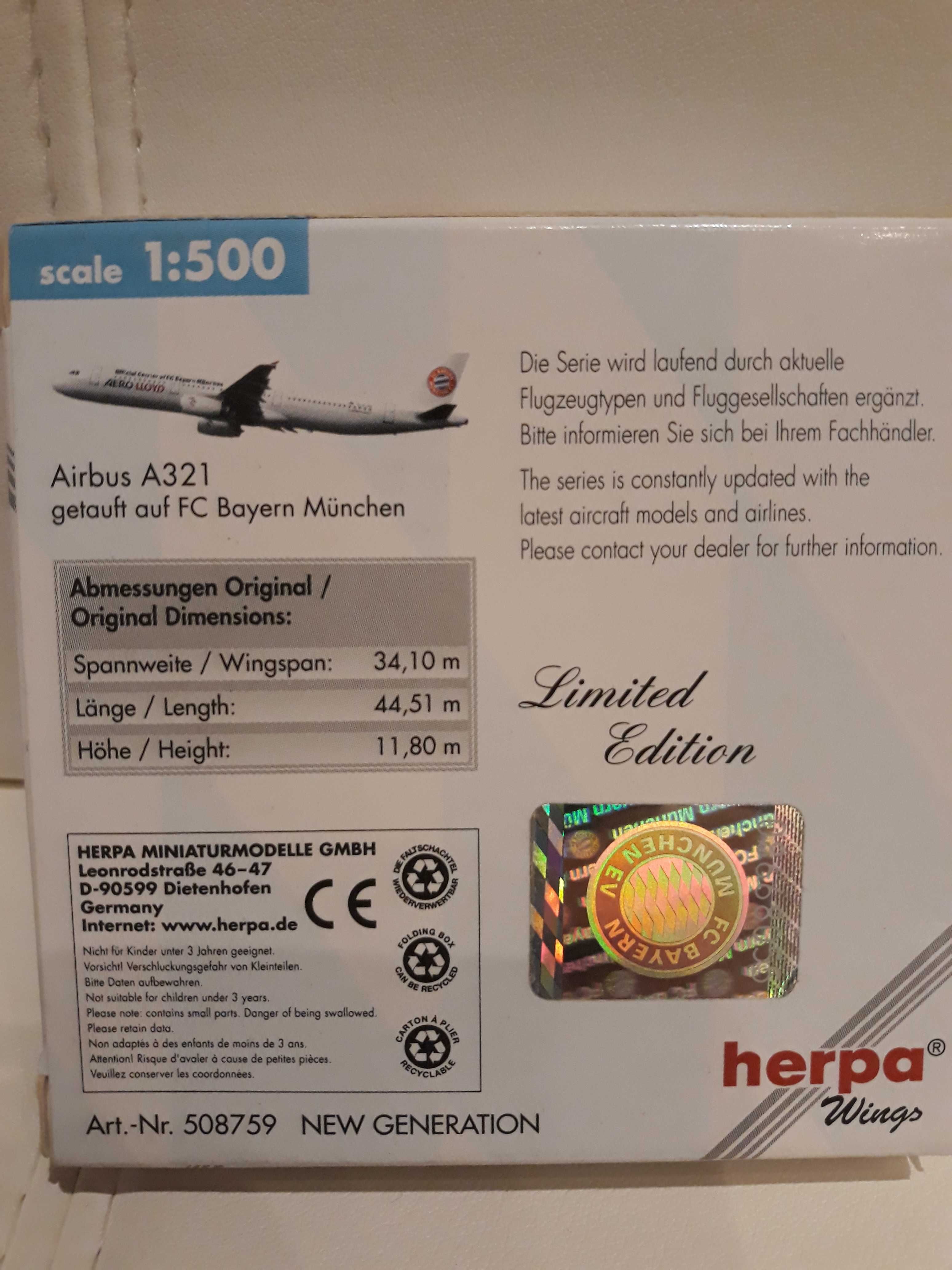 Herpa 1:500 Limitowana edycja AeroLloyd Airbus A321 FC Bayern 508759