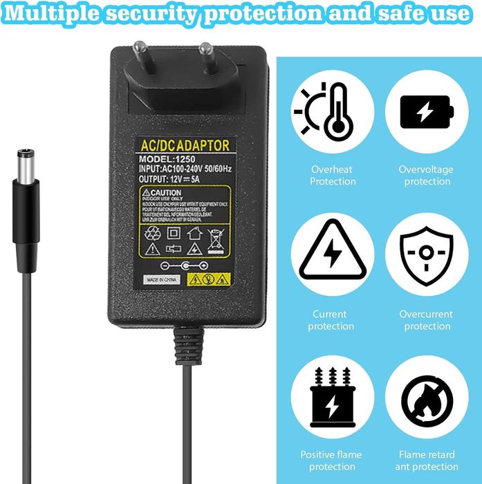 Ładowarka Zasilacz Uniwersalny 12V 5A 60W DC wtyczka EU + przejściówka