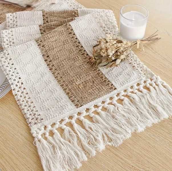 Bieżnik boho, 180x30, obrus w paski z frędzlami – bawełna i len