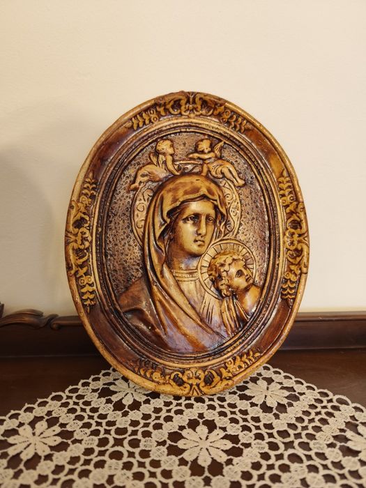 Płaskorzeźba z wizerunkiem matki Bożej z Dzieciątkiem Jezus Vintage