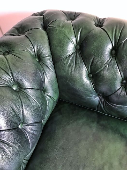 Sofa skórzana chesterfield zielona, skóra naturalna antykowana, 3 os.