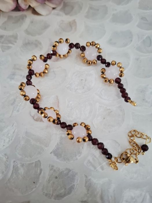 Bransoletka handmade z naturalnych kamieni granat kwarc różowy hematyt