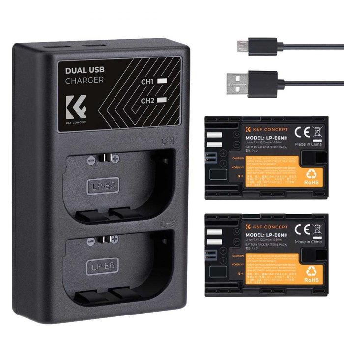 Carregador Duplo K&F Concept + 2x Baterias Canon LP-E6NH