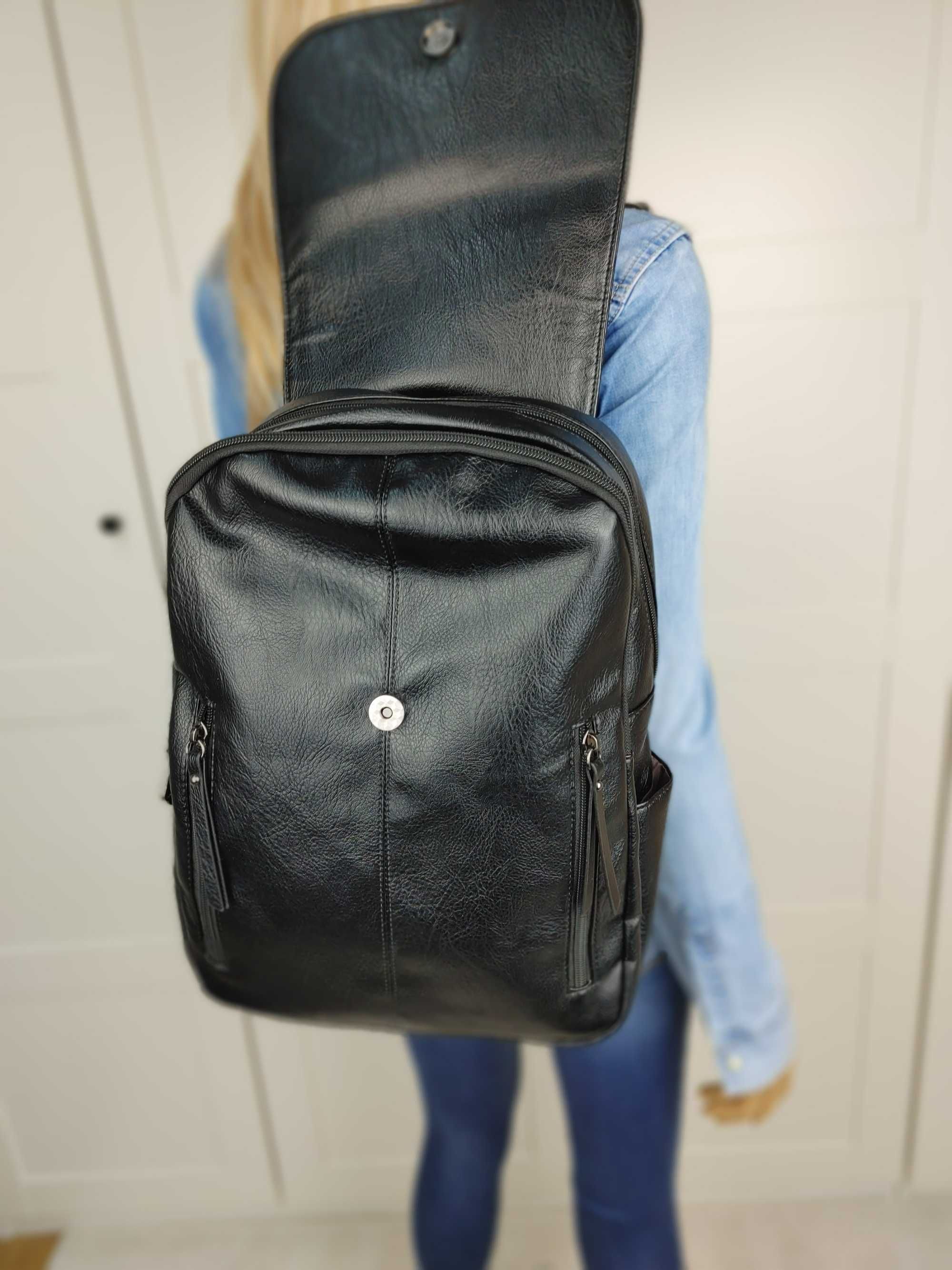 Czarny Skórzany Plecak XXL Vintage Torba Stylowa Elegancka na Wiosnę